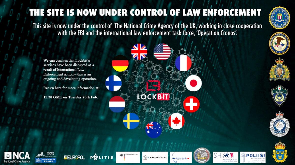 A take down notice that a group of global intelligence agencies issued to dark web site Lockbit in a screenshot taken on Feb. 19, 2024. (Handout via Reuters)
