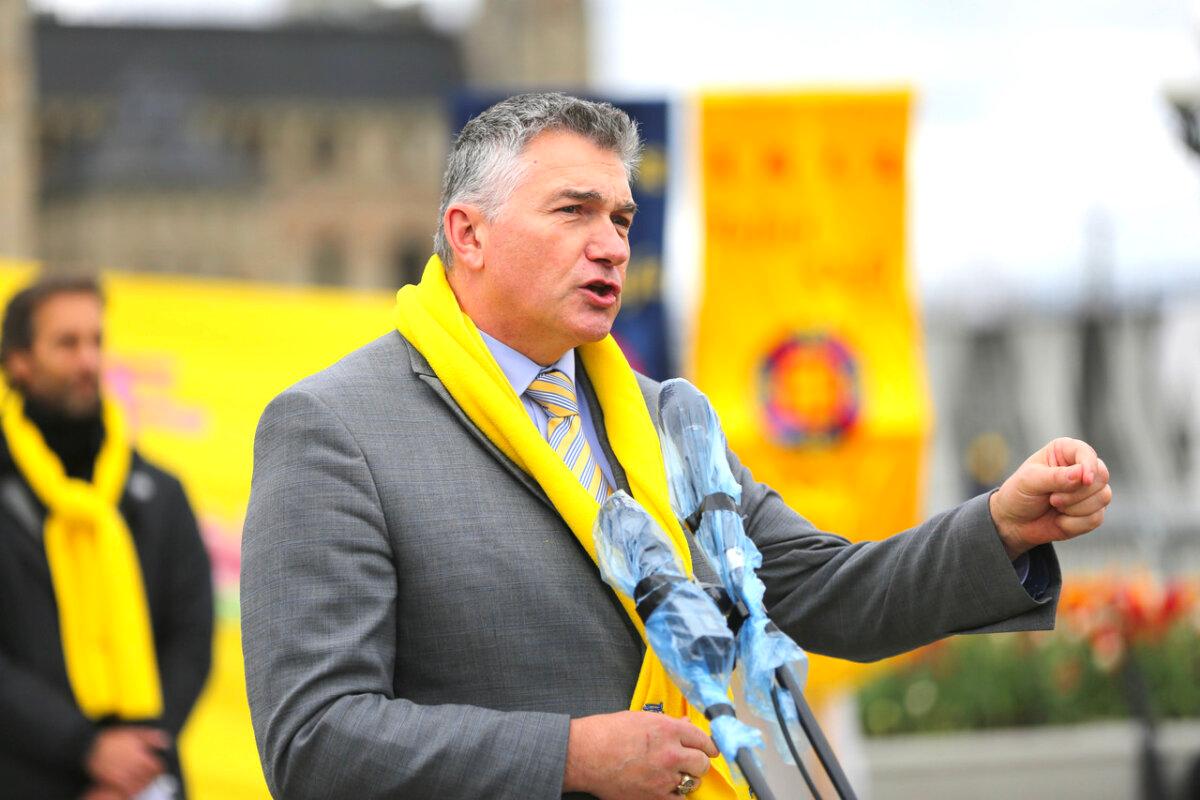 Conservative MP James Bezan speaks during the Falun Dafa Day event on Parliament Hill in Ottawa on May 8, 2024. (Jonathan Ren/The Epoch Times)