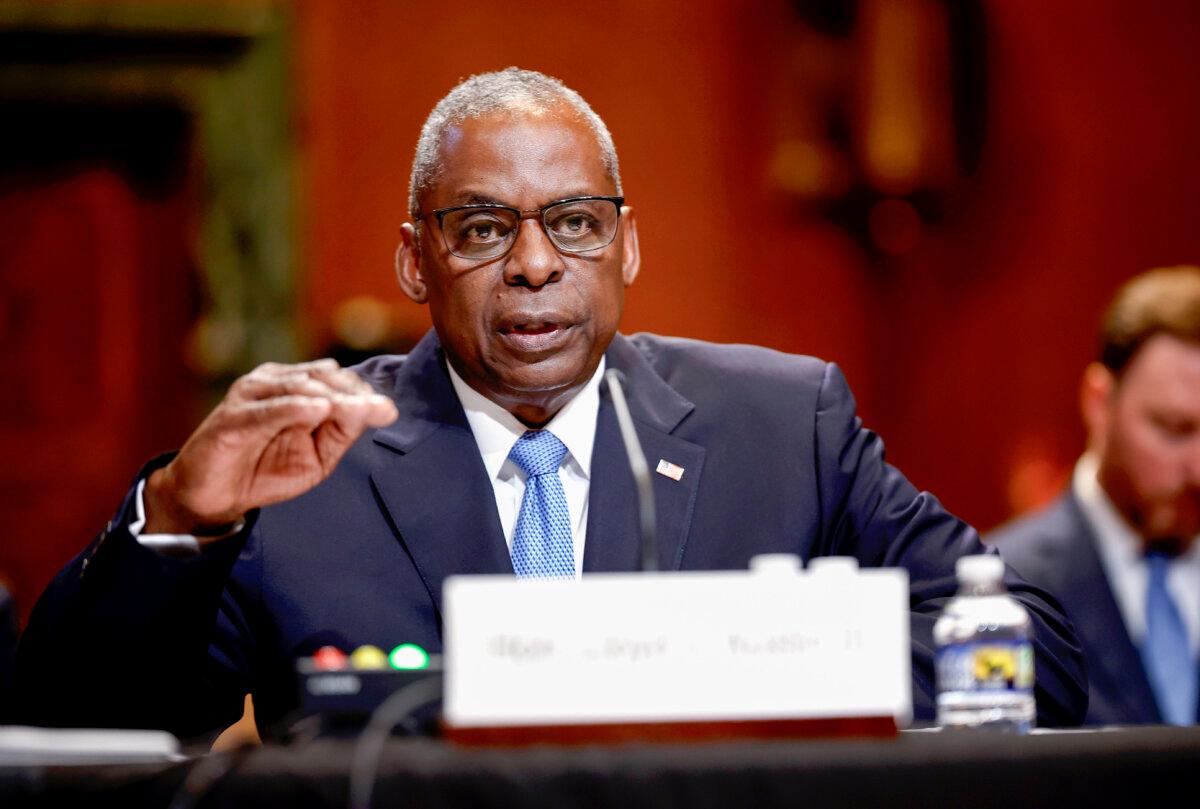 Secretary of Defense Lloyd Austin testifies on the proposed $894 billion Fiscal Year 2025 defense budget, which earmarks nearly $50 billion for nuclear weapons, before the Senate Appropriations Committee in Washington on May 8, 2024. (Kevin Dietsch/Getty Images)