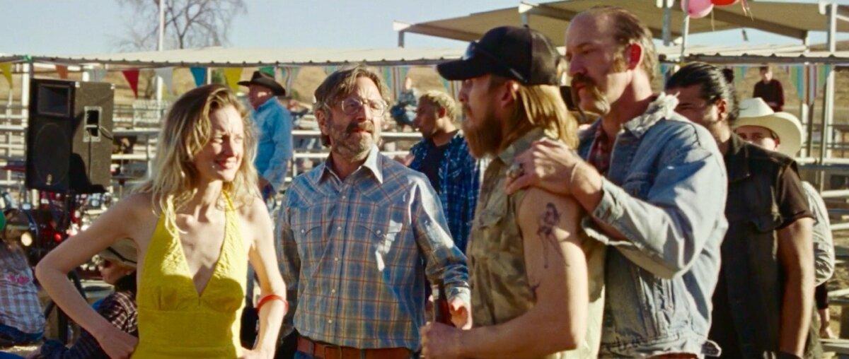 (L–R) Andrea Riseborough, Andre Royo, Marc Maron, and Stephen Root on the set of “To Leslie.” (Momentum Pictures)