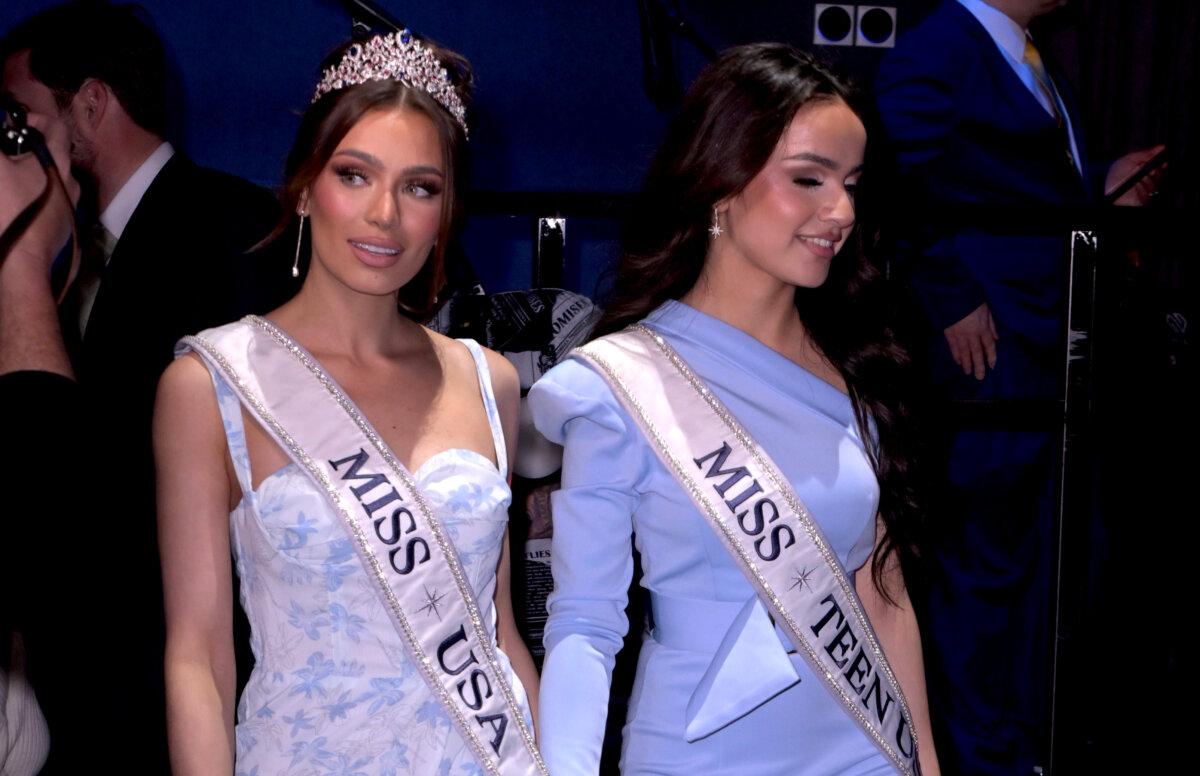 Miss USA 2023 Noelia Voigt (L) and Miss Teen USA 2023 UmaSofia Srivastava walk the runway at Supermodels Unlimited Magazine Presents: Billboards Over Broadway-NYFW Celebrity Event at Nebula Nightclub in New York City on Feb. 10, 2024. (Chance Yeh/Getty Images for Supermodels Unlimited)