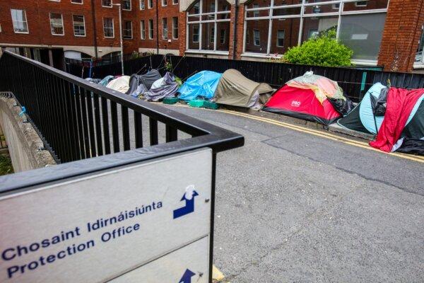 A makeshift refugee and migrant camp outside the Irish government's International Protection Office, in Dublin, Ireland, on June 12, 2023. (Paul Faith/AFP via Getty Images)