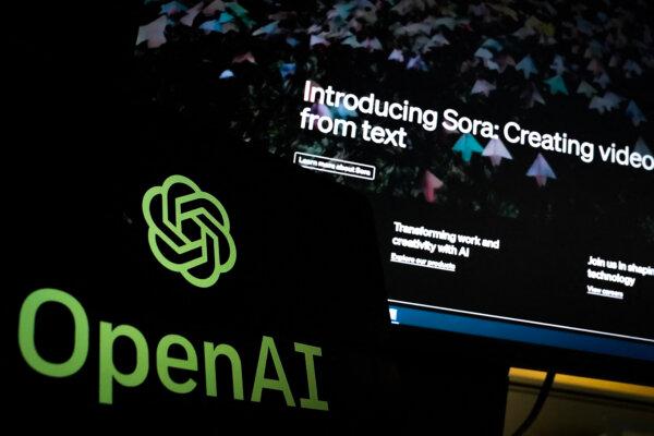 Open AI's newly released text-to-video "Sora" tool is advertised on their website on a monitor in Washington, DC, on Feb. 16, 2024. (Drew Angerer/AFP via Getty Images)
