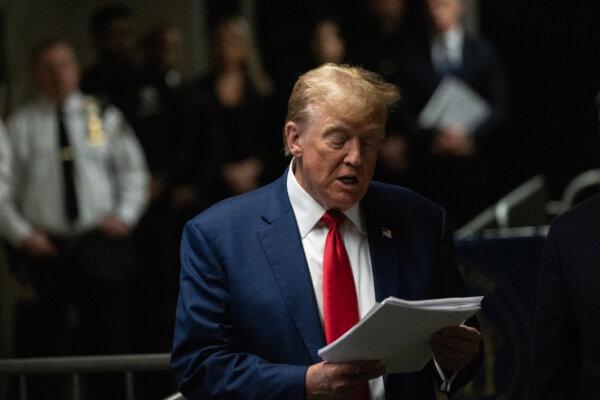 Former President Donald Trump speaks to the press as he arrives for his criminal trial for allegedly covering up hush money payments at Manhattan Criminal Court on May 10, 2024 in New York City. (Victor J. Blue - Pool/Getty Images)