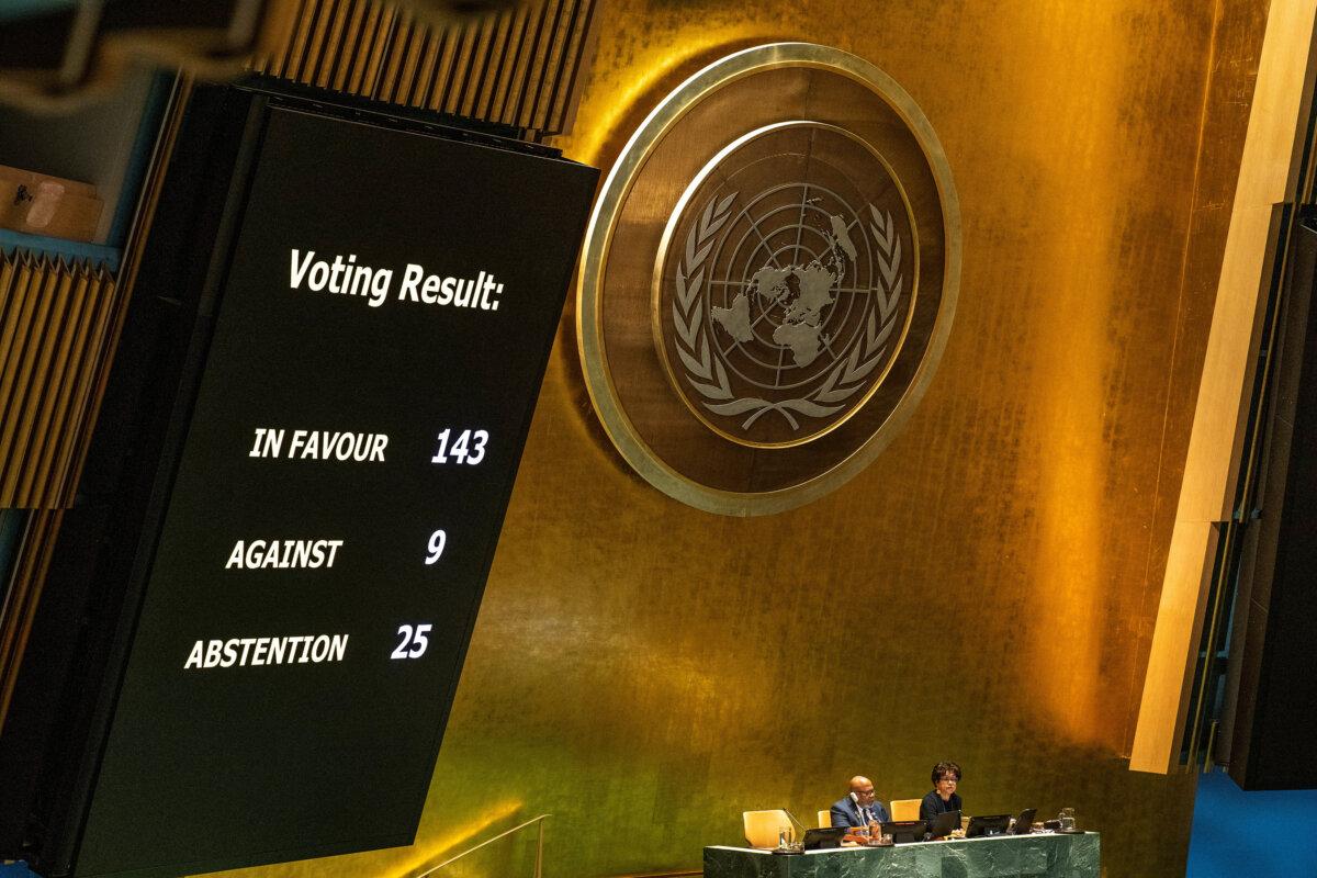 A screen shows the voting results during the U.N. General Assembly vote on a draft resolution that would recognize the Palestinians as qualified to become a full U.N. member in New York City on May 10, 2024. (Eduardo Munoz/Reuters)