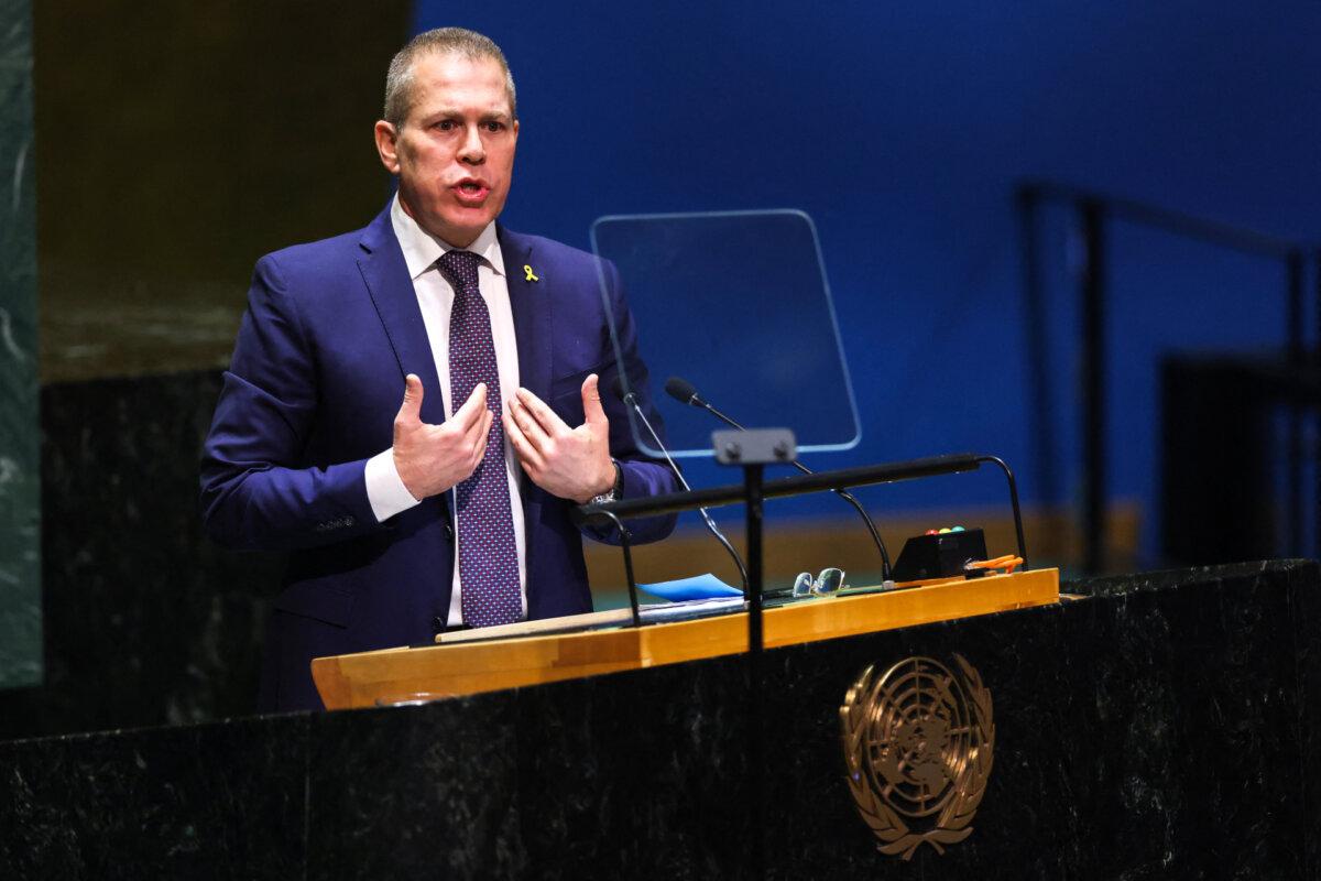 Israeli Ambassador to the United Nations Gilad Erdan speaks during a special session of the U.N. General Assembly regarding the Palestinian bid for full membership to the United Nations at U.N. headquarters in New York City on May 10, 2024. (Charly Triballeau /AFP via Getty Images)