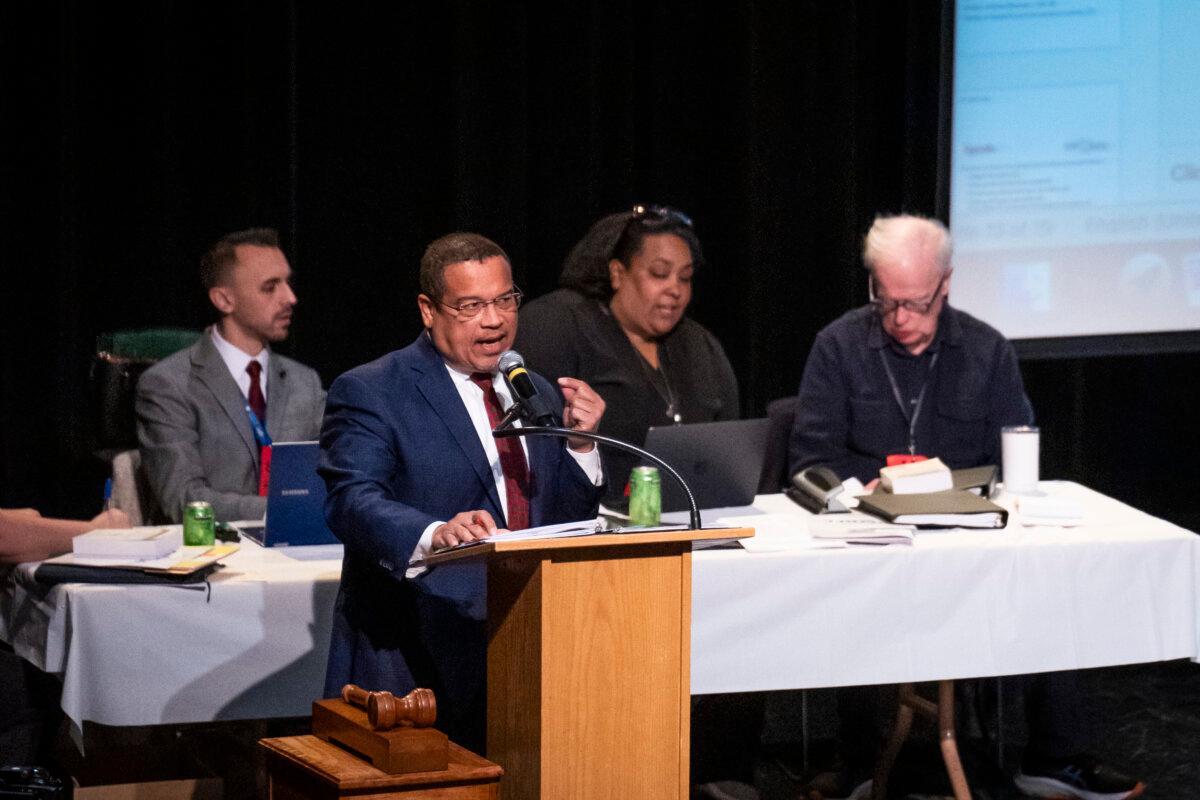 Minnesota Attorney General Keith Ellison speaks at the Minnesota Congressional District 5 Democrat Farmer Labor party’s Nominating Convention, in Minneapolis, on May 11, 2024. (Madalina Vasiliu/The Epoch Times)