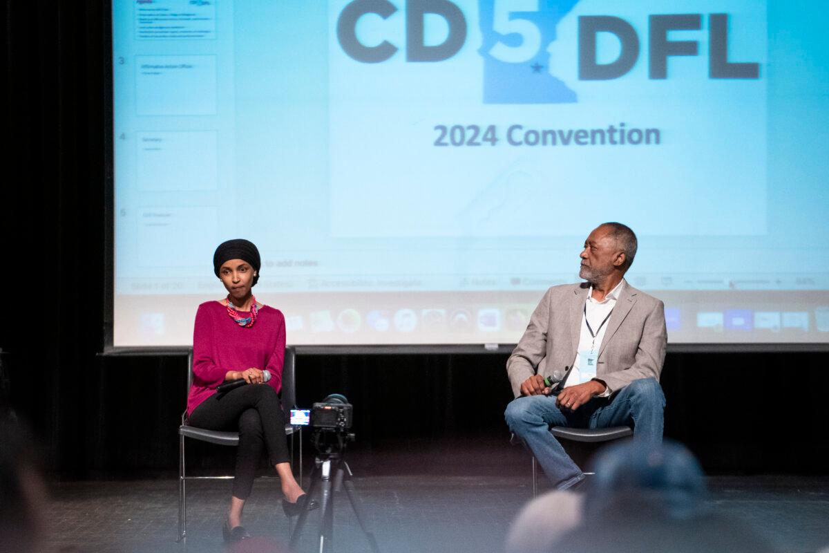 (L–R) Democratic congressional candidates Rep. Ilhan Omar (D-Minn.) and Minneapolis City Councilman Don Samuels during an informational session at the Minnesota Congressional District 5 Democratic-Farmer-Labor Party’s nominating convention in Minneapolis on May 11, 2024. (Madalina Vasiliu/The Epoch Times)