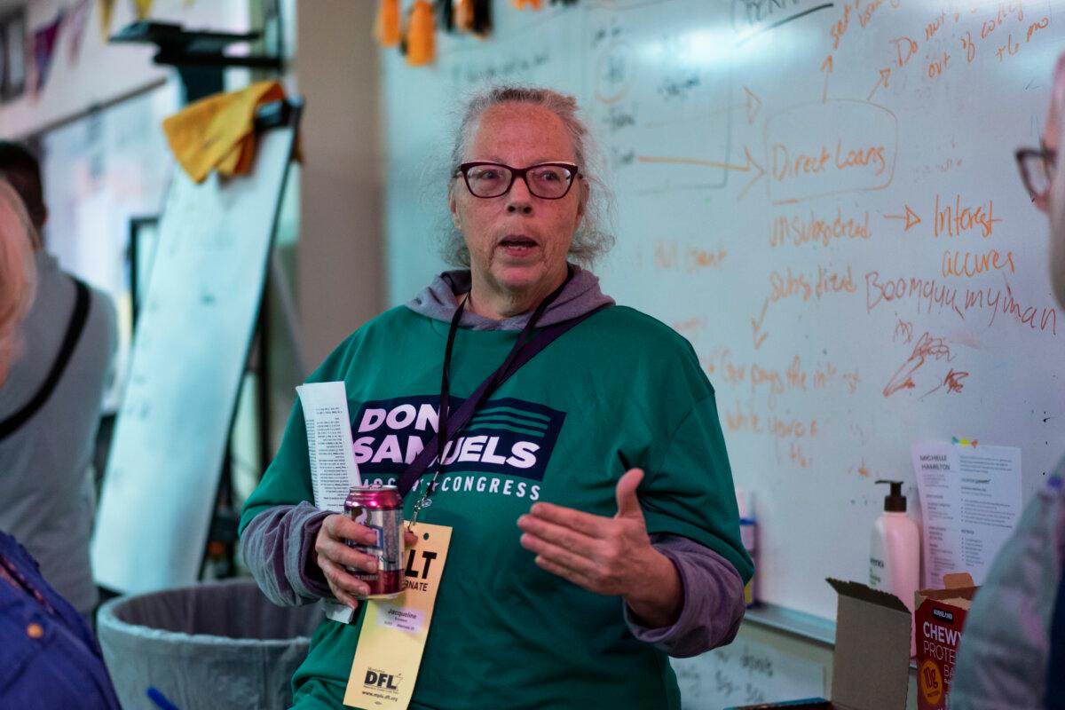 Jacque Erickson, a supporter of congressional candidate Don Samuels, at the Minnesota Congressional District 5 Democratic-Farmer-Labor Party’s nominating convention in Minneapolis on May 11, 2024. (Madalina Vasiliu/The Epoch Times)