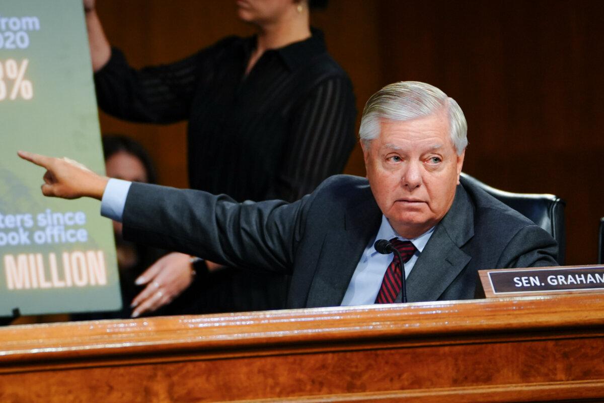 Sen. Lindsey Graham (R-S.C.) speaks during a hearing about reviewing the president’s supplemental request for the Departments of Health and Human Services and Homeland Security in Washington on Nov. 8, 2023. (Madalina Vasiliu/The Epoch Times)