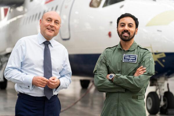 An undated image of science minister Andrew Griffith (L) with Keshav Thirumalai, a physicist with Infleqtion, at an undisclosed location in England. (Qinetiq)