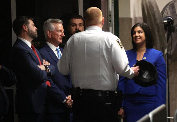 (L-R) US Sen. J.D. Vance (R-OH), Sen. Tommy Tuberville (R-AL) and Rep. Nicole Malliotakis (R-NY) arrive for former US President Donald Trump's trial for allegedly covering up hush money payments linked to extramarital affair with Stormy Daniels, at Manhattan Criminal Court in New York City, on May 13, 2024. (SPENCER PLATT/POOL/AFP via Getty Images)