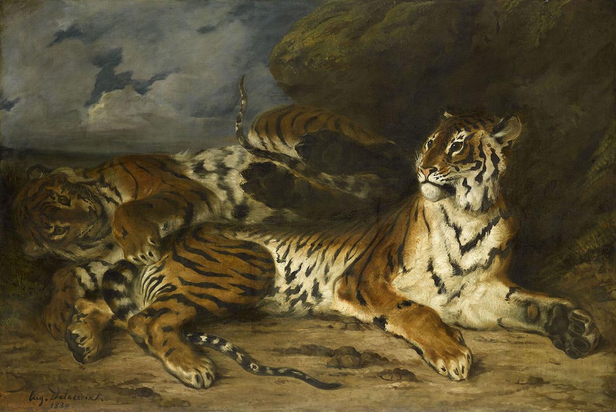 “Young Tiger Playing With Its Mother,” 1830, by Eugène Delacroix. Oil on canvas; 51 inches by 77 inches. Louvre Museum, Paris. (Public Domain)