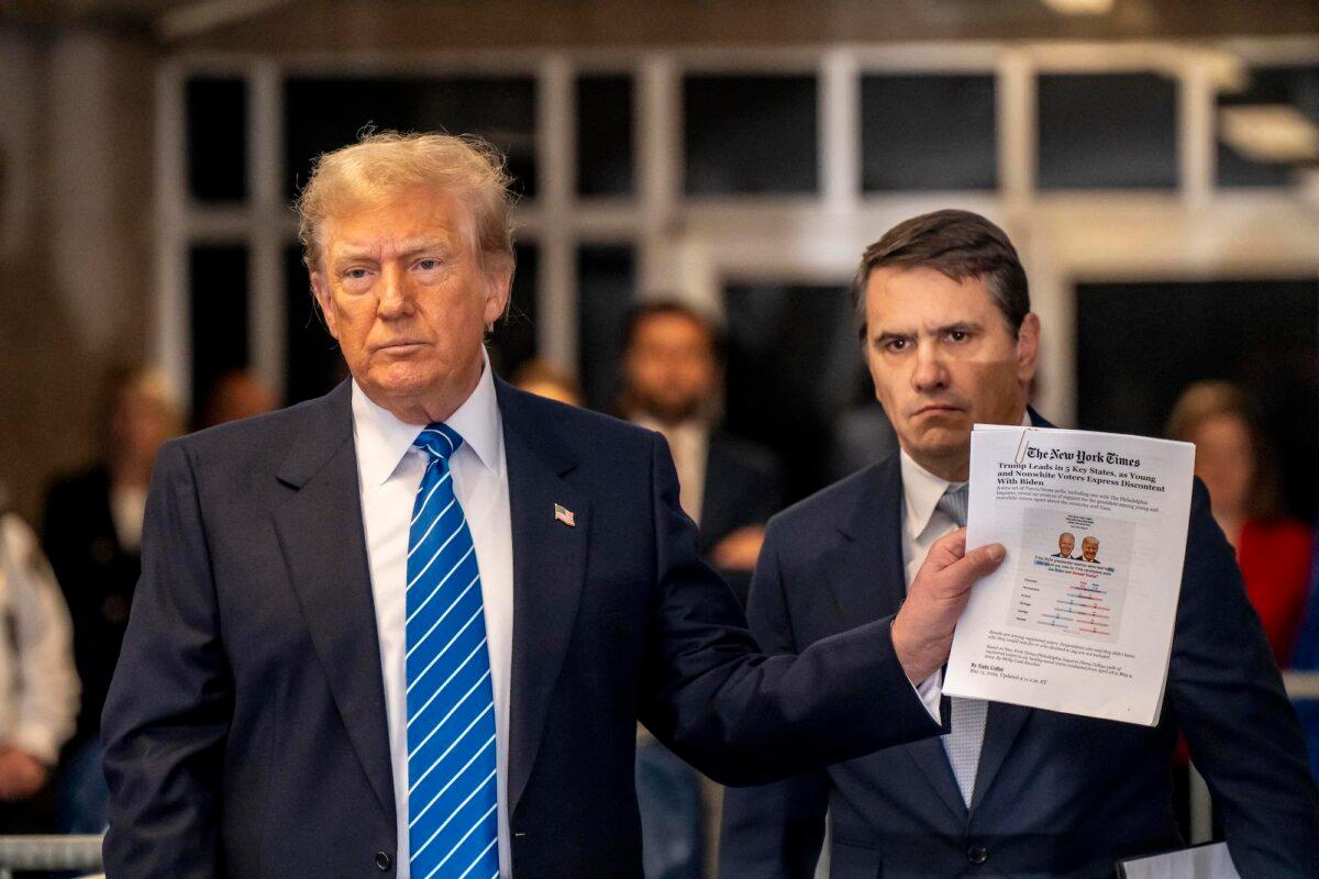Former President Donald Trump speaks to reporters before departing Manhattan criminal court in New York on May 13, 2024. (Mark Peterson/Pool/AFP via Getty Images)