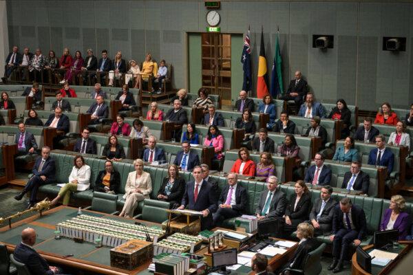 Australia’s Treasurer Jim Chalmers (C, at podium) delivers his budget speech at Parliament House in Canberra, Australia, on May 14, 2024. (Tracey Nearmy/Getty Images)