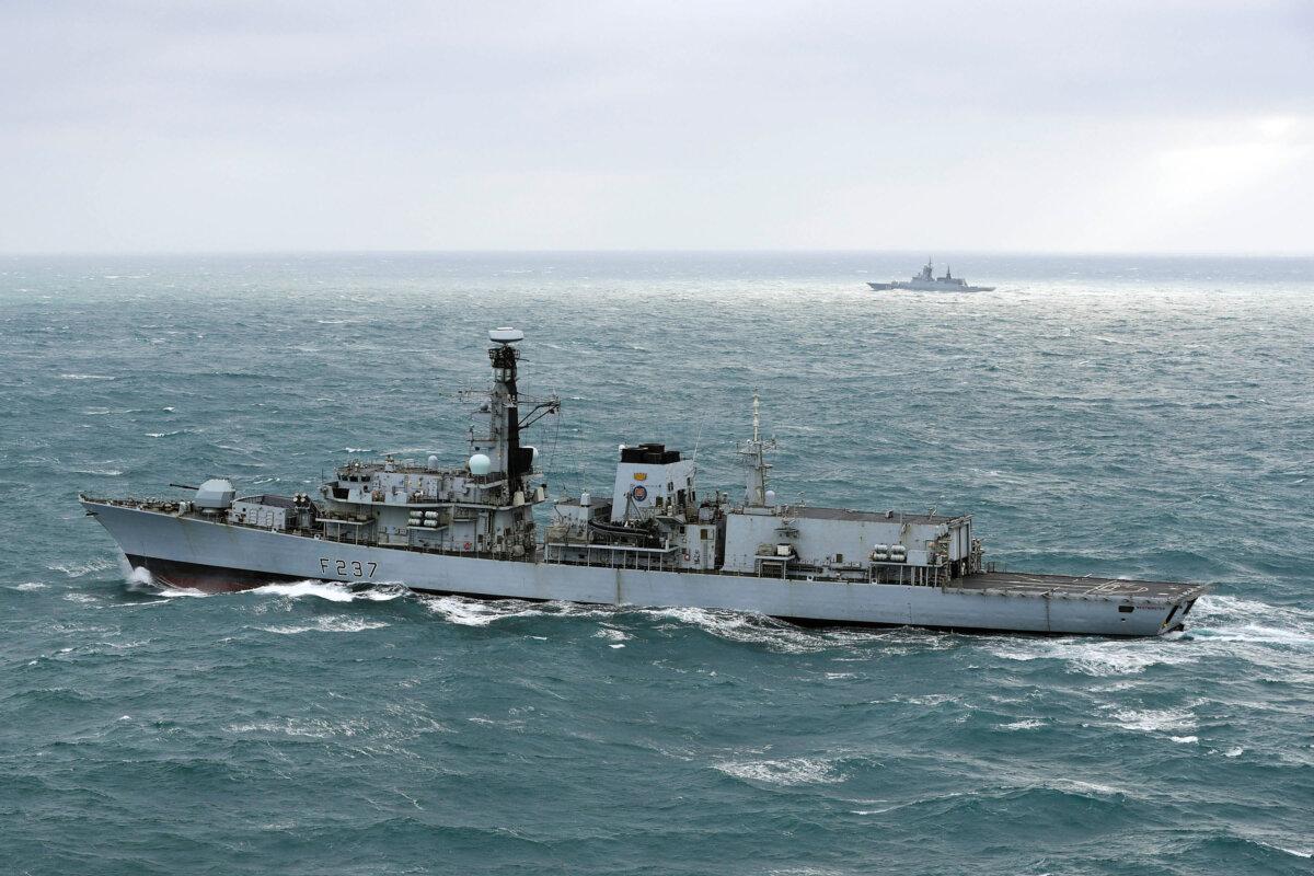 An undated image of the Royal Navy Type 23 frigate HMS Westminster shadowing the Russian frigate Boiky in the English Channel. (Ministry of Defence)