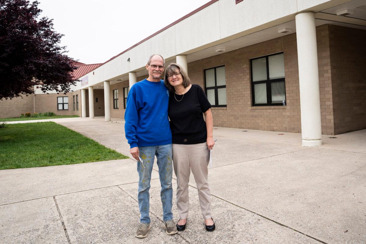 Michael Garland, 53, a plumber, and Susan Garland, 47, a medical coding expert, after voting in the primary election in Elkridge, Md., on May 14, 2024. (Madalina Vasiliu/The Epoch Times)