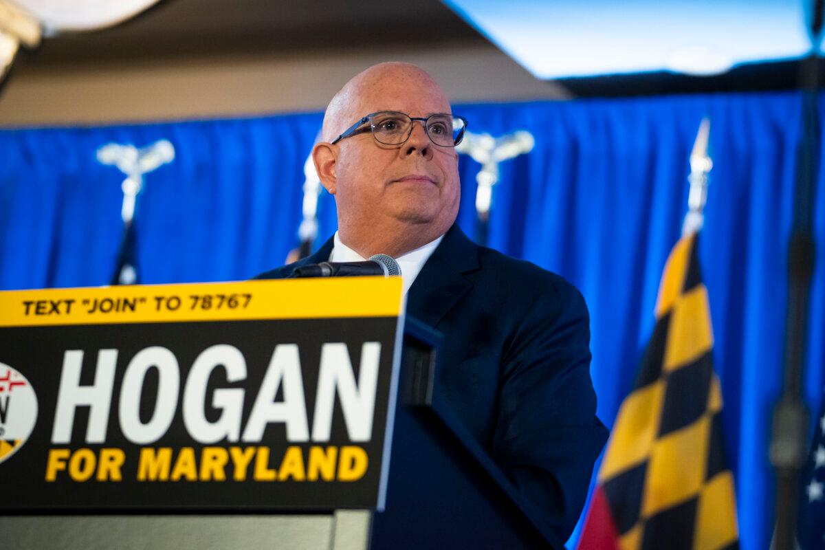 Former Maryland Gov. Larry Hogan speaks during his watch party after winning the GOP primary election in Annapolis, Md., on May 14, 2024. (Madalina Vasiliu/The Epoch Times)