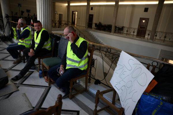 Polish farmers protest as they launch a hunger strike in parliament over the EU's Green Deal, in Warsaw, Poland, on May 13, 2024. (Reuters/Kacper Pempel)