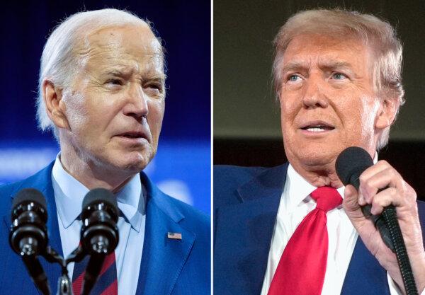 (Left) President Joe Biden speaks in Wilmington, N.C., on May 2, 2024. (Right) and Republican presidential candidate former President Donald Trump speaks at a campaign rally in Waukesha, Wis., on May 1, 2024. (AP Photo)