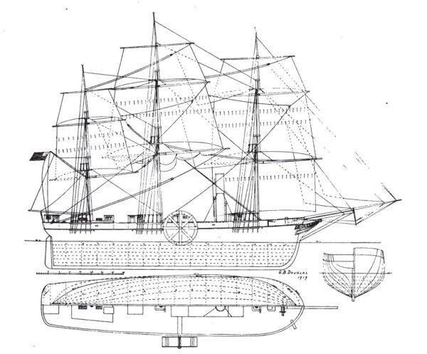 Diagram of SS Savannah showing lines and sail plan. (PD-US)