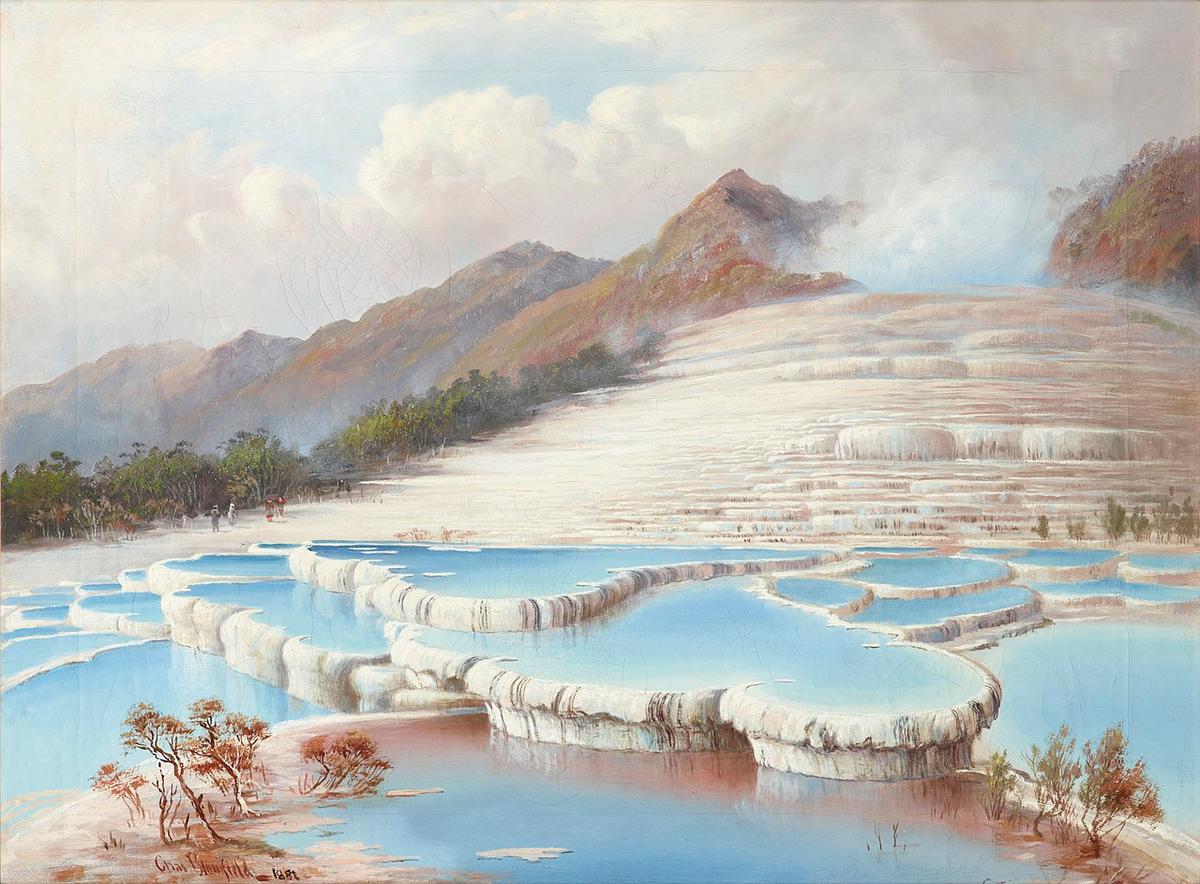 "White Terraces," near Rotorua, New Zealand, painted in 1882, by Charles Blomfield. Oil on canvas; 24 inches by 17.9 inches. Museum of New Zealand. (Public Domain)