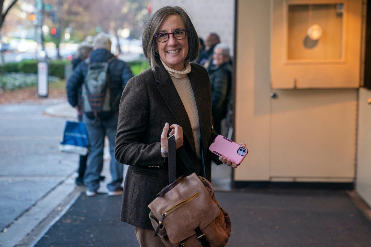 Andrea Salinas, the Democratic candidate in Oregon's 6th Congressional district, arrives at the Hyatt Regency in Washington on Nov. 13, 2022. (Nathan Howard/Getty Images)