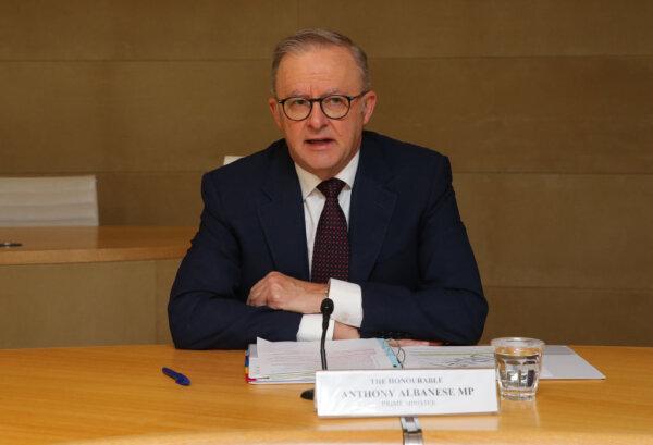Prime Minister Anthony Albanese speaks virtually before a National Cabinet on gender-based violence in Sydney, Australia, on May 1, 2024. (Gaye Gerard-Pool/Getty Images)