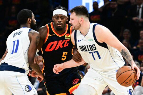 Luka Doncic (77) of the Dallas Mavericks moves against Luguentz Dort (5) of the Oklahoma City Thunder during the fourth quarter in Game Five of the Western Conference Second Round Playoffs in Oklahoma City on May 15, 2024. (Joshua Gateley/Getty Images)