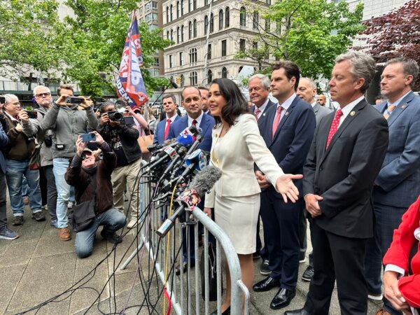 Rep. Anna Paulina Luna (R-Fla.) and members of the House Freedom Caucus address the press outside the Manhattan Criminal Court in support of former President Donald Trump in New York City on May 16, 2024. (Juliette Fairley/The Epoch Times)