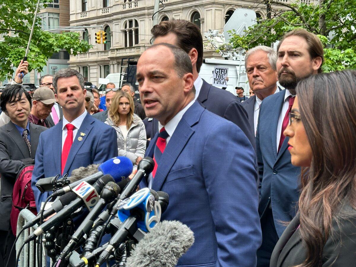Rep. Bob Good (R-Va.) on May 16, 2024 outside Manhattan Criminal Court expressing support for Donald Trump (Juliette Fairley)