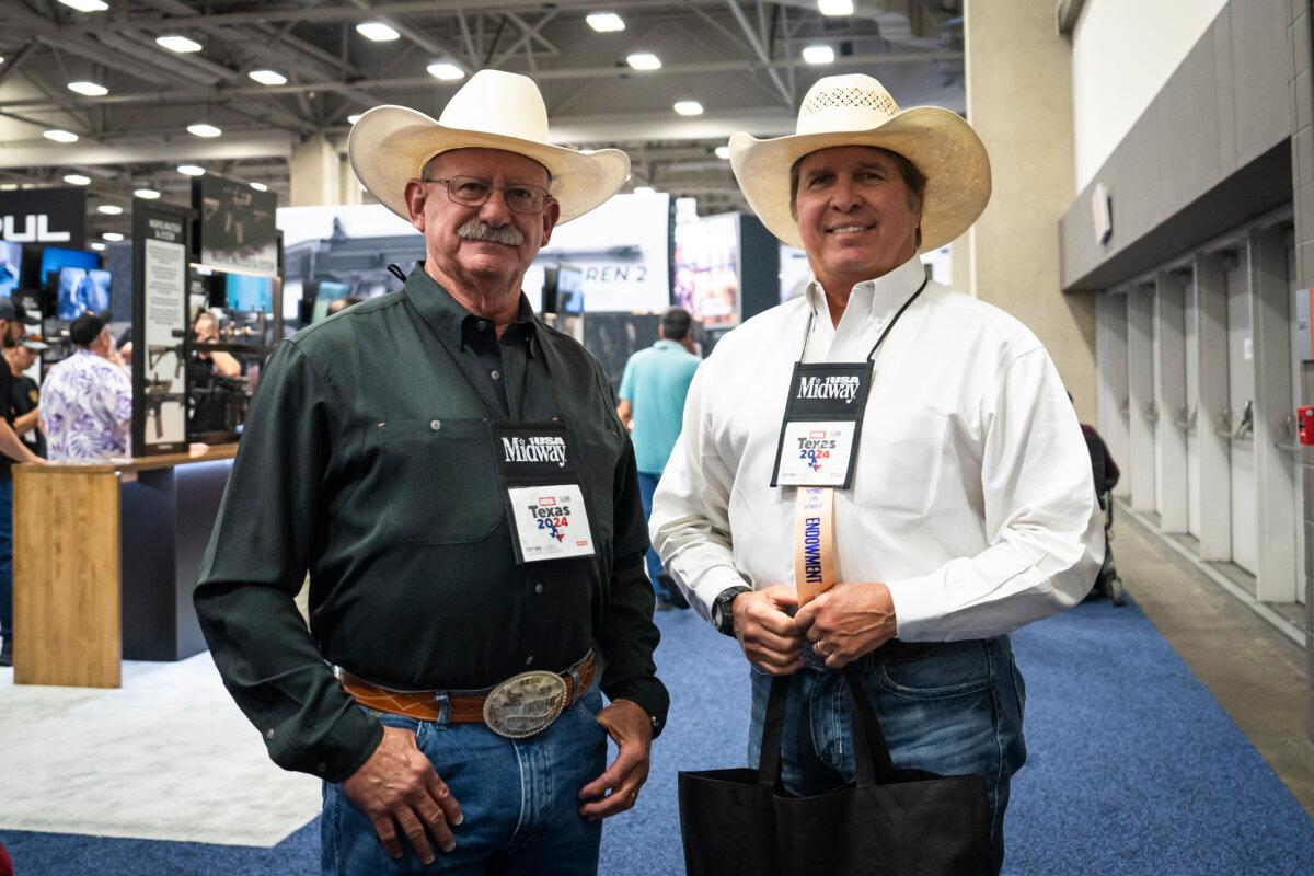 Mike Oswood (L) of Weatherford, Texas, and Mike Runnels (R) of Big Sandy, Texas, attend the 2024 National Rifle Association (NRA) annual meetings and exhibits at the Kay Bailey Hutchison Convention Center in Dallas, Texas, on May 17, 2024. (Madalina Vasiliu/The Epoch Times)