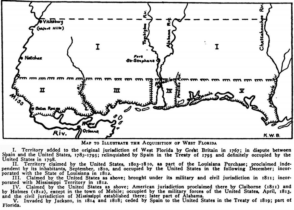 This map illustrates the stages of American acquisition of western Fla. (Public Domain)