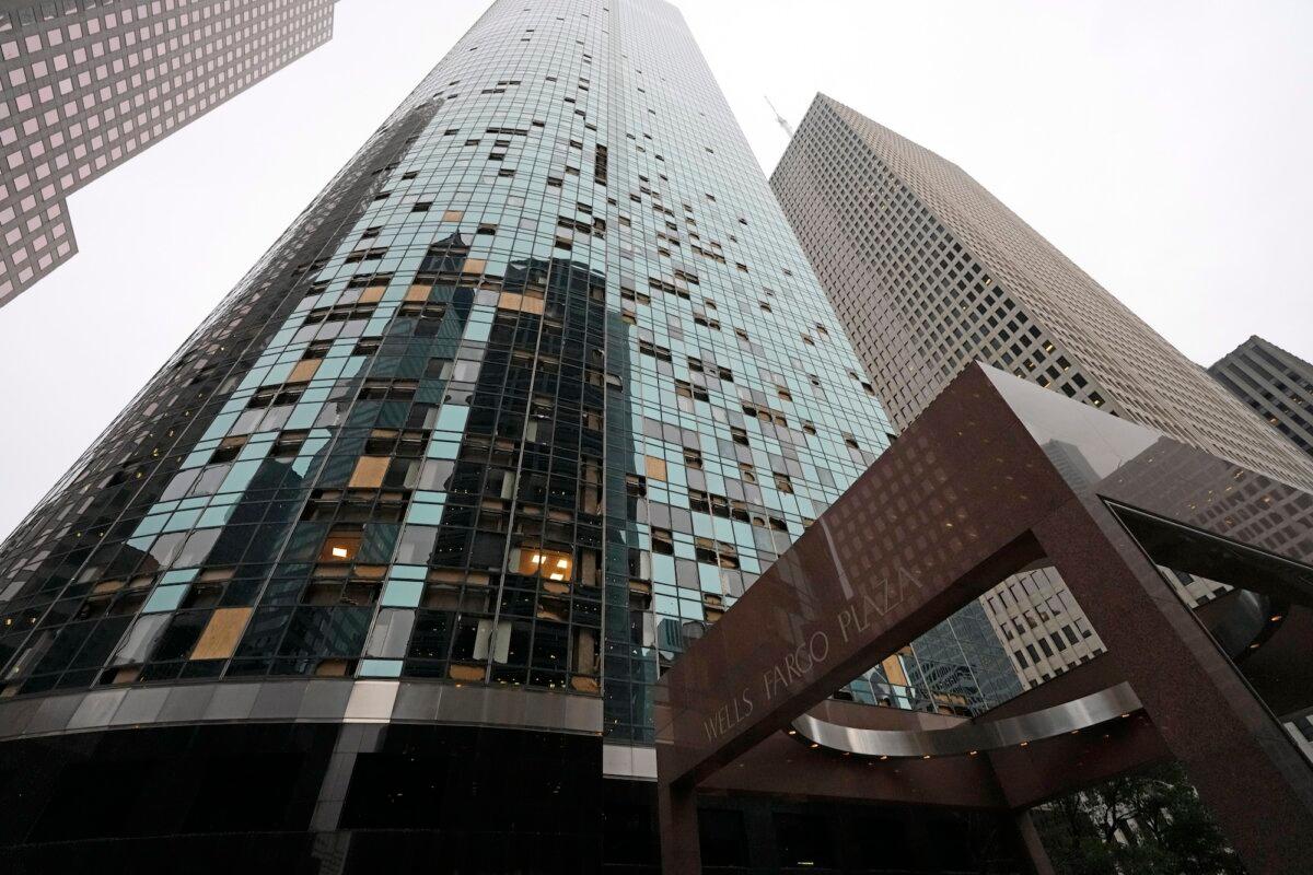 Blown-out windows on a high-rise downtown building in the aftermath of a severe thunderstorm in Houston on May 17, 2024. (David J. Phillip/AP Photo)