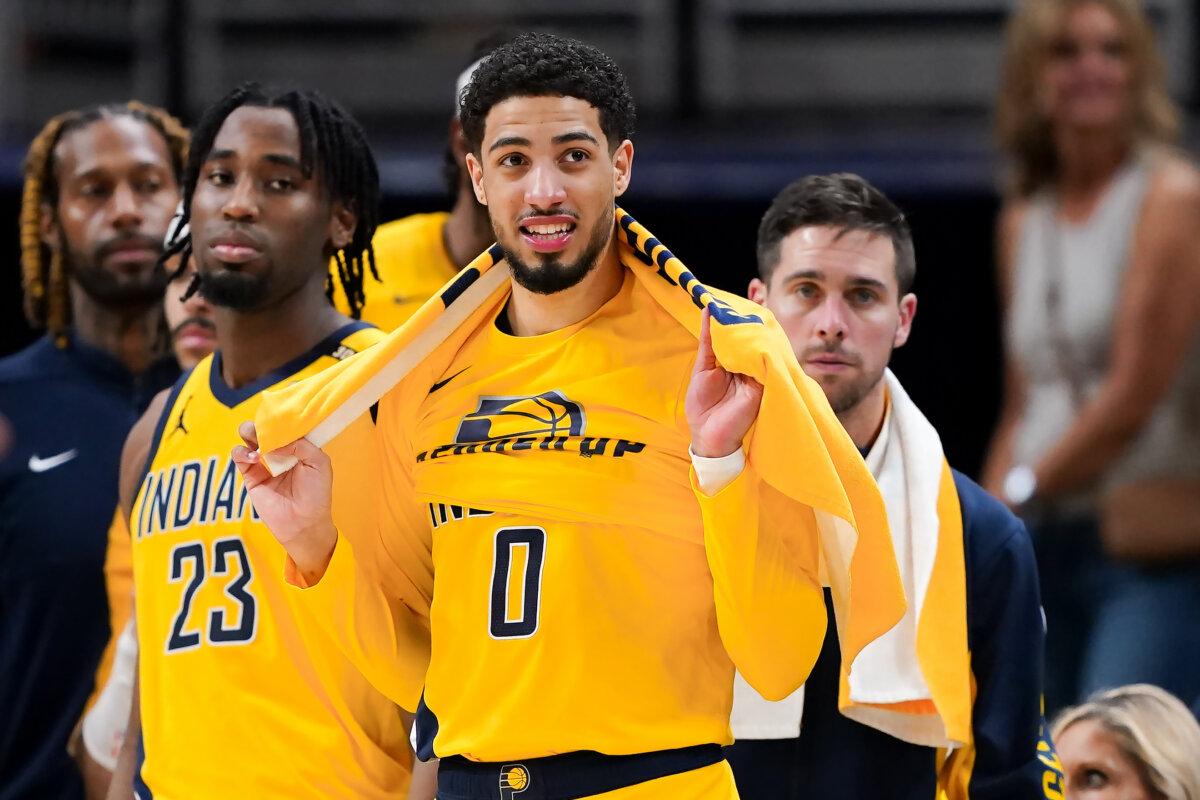 Tyrese Haliburton #0 of the Indiana Pacers looks on from the bench in the fourth quarter against the New York Knicks at Gainbridge Fieldhouse in Indianapolis, Indiana on May 17, 2024. (Dylan Buell/Getty Images)