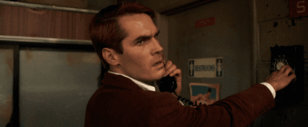 The Knife Salesman (Jim Cummings) attempts calling the cops, in "The Last Stop in Yuma County." (Well Go USA Entertainment)