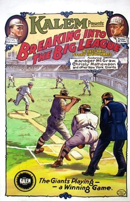 Poster for the 1913 film, "Breaking Into the Big League" with an illustration of Christy Mathewson on the upper left. (Public Domain)