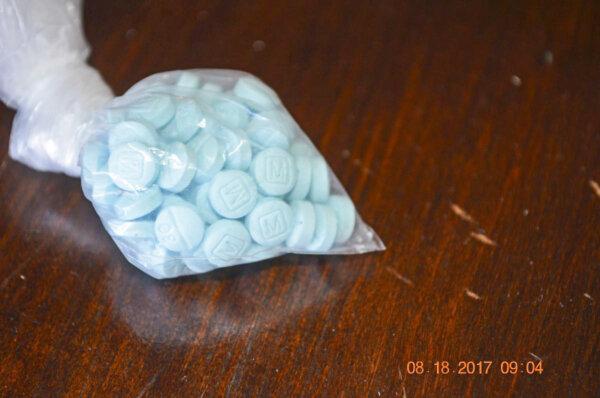 Fentanyl-laced sky blue pills known on the street as "Mexican oxy" in a file photo. (Drug Enforcement Administration via AP)