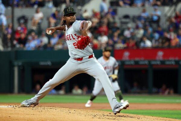 Jose Soriano (59) of the Los Angeles Angels pitches in the first inning against the Texas Rangers in Arlington, Texas, on May 19, 2024. (Richard Rodriguez/Getty Images)