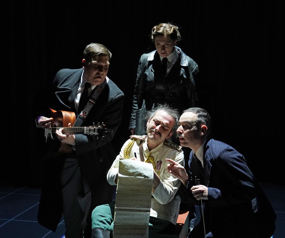 David Leopold, Sasha Wilson, Joseph Cullen, and Lawrence Boothman in "The Brief Life and Mysterious Death of Boris III King of Bulgaria." (Carol Rosegg)
