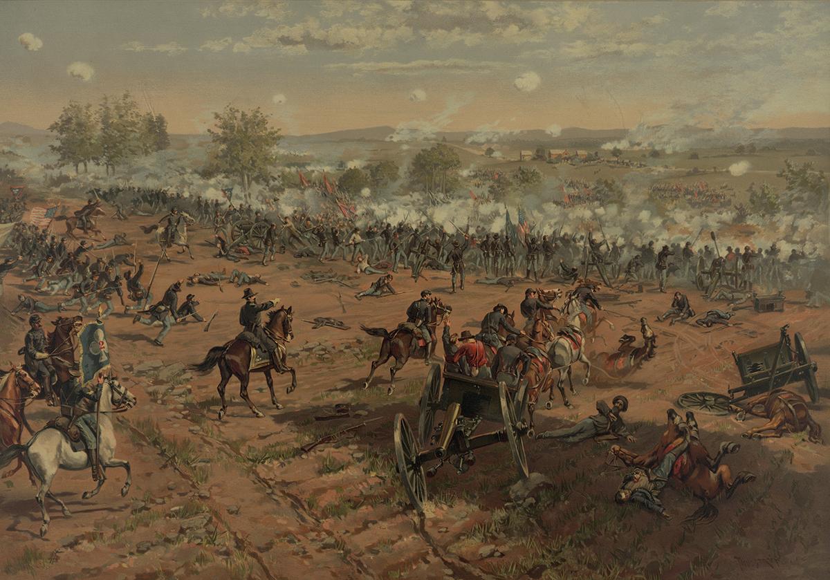 Maj. Gen. Winfield S. Hancock rides along the Union lines during the Confederate bombardment, ordered by Gen. Robert E. Lee against Maj. Gen. George G. Meade, prior to Pickett's Charge. "Battle of Gettysburg," 1887, by Thure de Thulstrup. Library of Congress. (Public Domain)