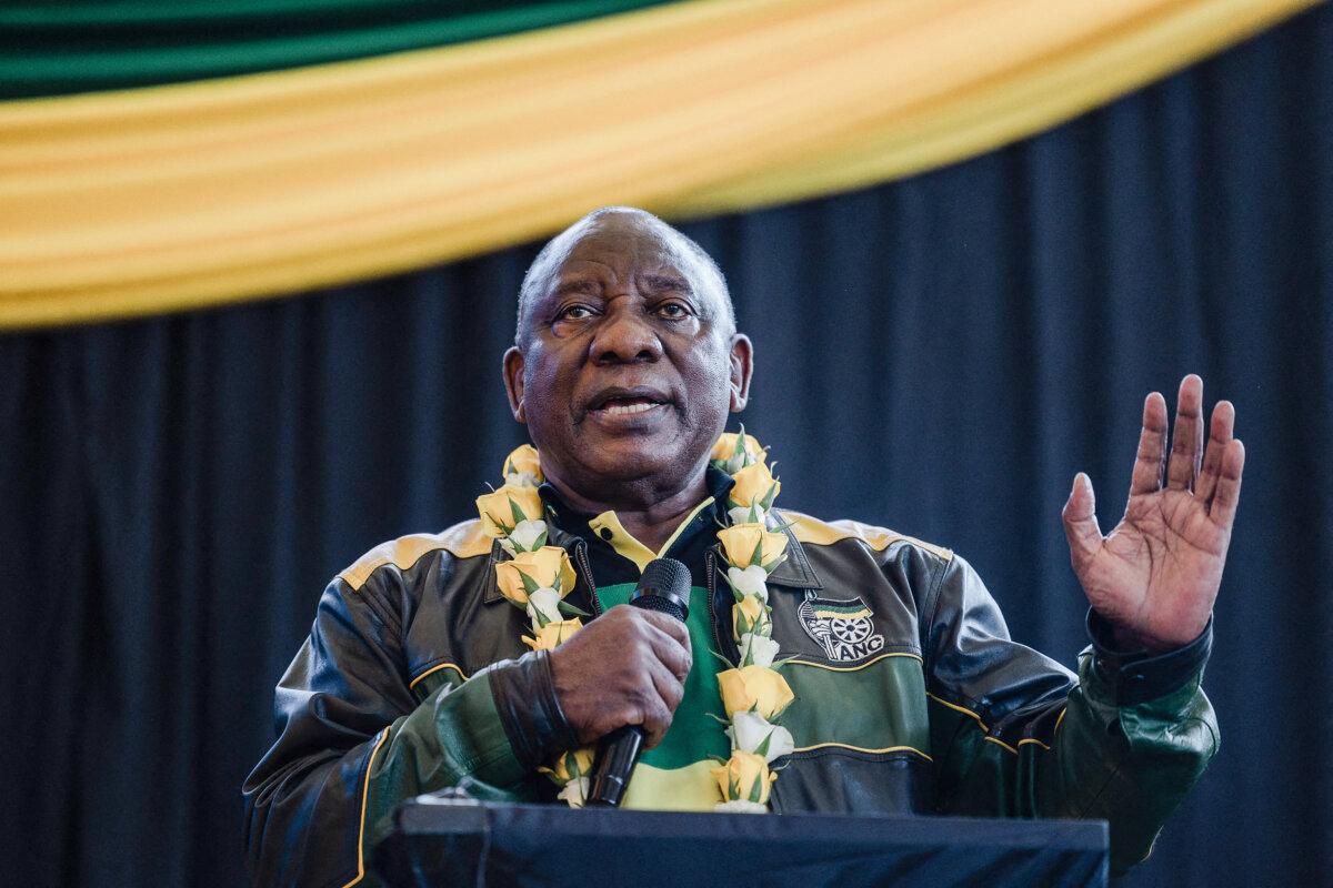 South African President Cyril Ramaphosa addresses new members of the African National Congress (ANC) during an election campaign ahead of the 2024 general elections on May 14, 2023. (Rajesh Jantilal/AFP via Getty Images)
