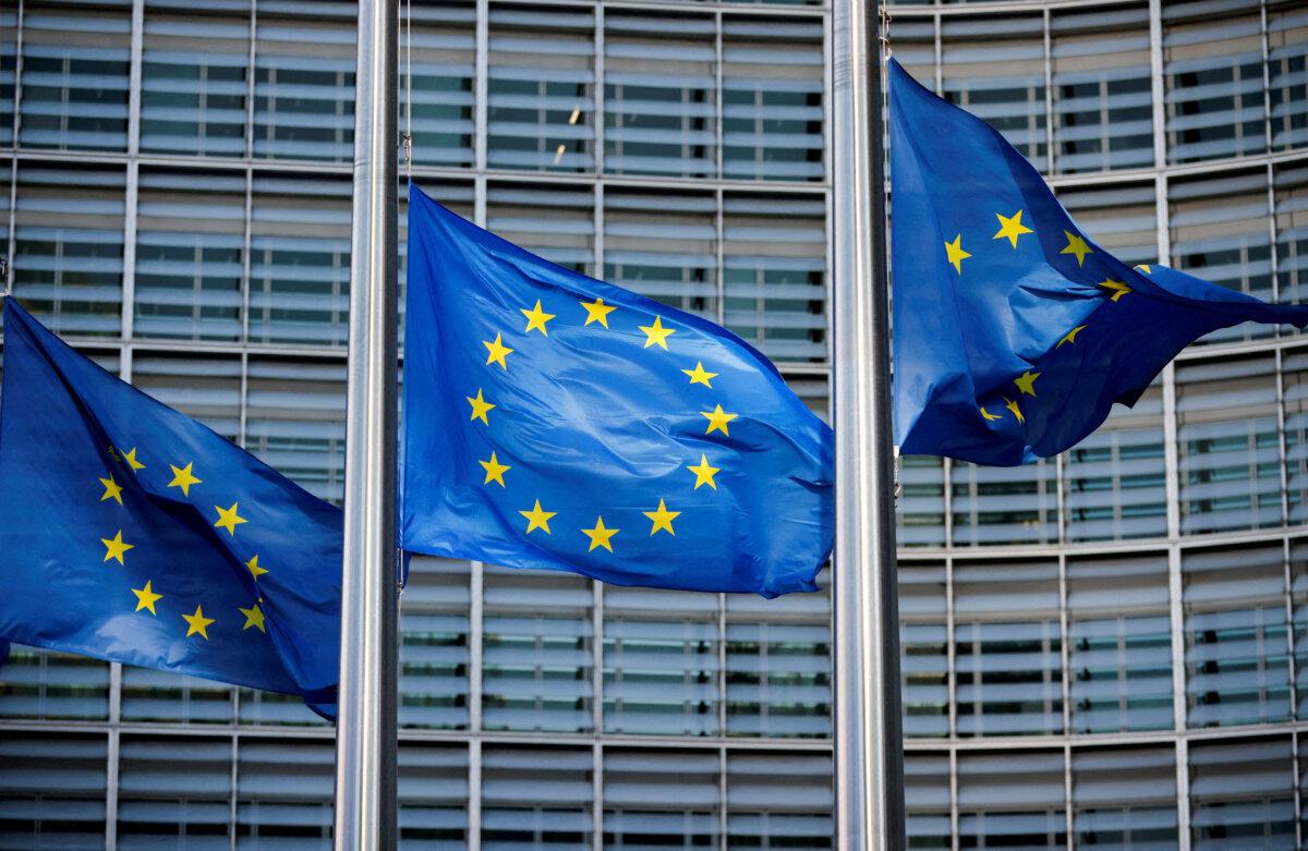 European Union flags fly outside the European Commission headquarters in Brussels, Belgium, on March 1, 2023. (Johanna Geron/Reuters)