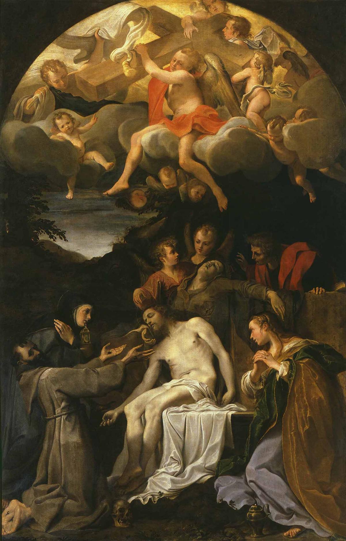 "Deposition, With Saints Claire, Francis, Magdalene and John" (also called "Parma Pieta"), 1585, by Annibale Carracci. Oil on canvas; 7 feet 10 7/32 inches by 12 feet 2 2/5 inches. National Gallery, Parma, Italy. (Public Domain)