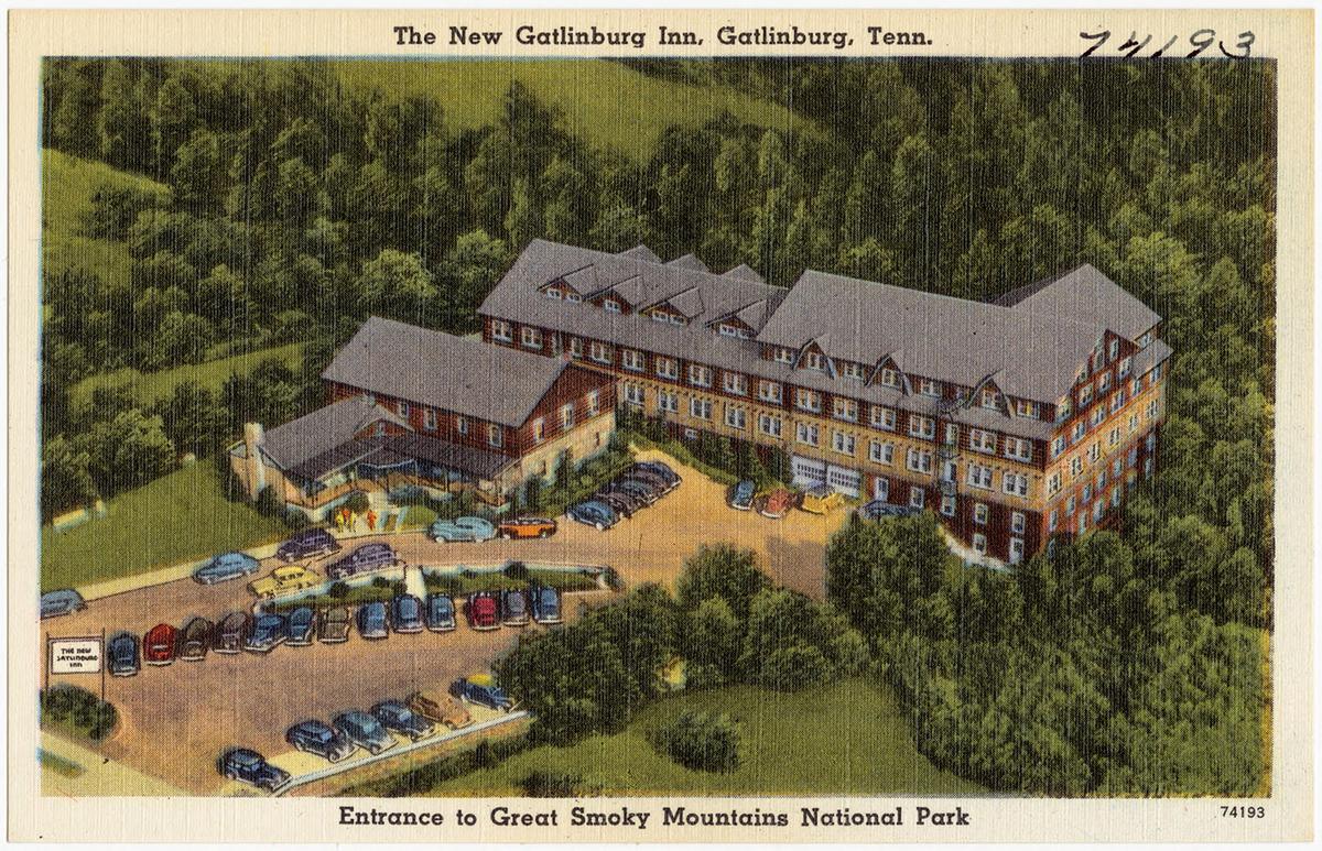 The Gatlinburg Inn at the entrance to the Great Smoky Mountains National Park in Tennessee, between circa 1930 and circa 1945. Boston Public Library. (Public Domain)