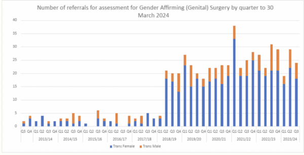 Number of referrals to Health New Zealand for gender transition surgery from 2013 to 2024. (Screenshot/Health New Zealand)