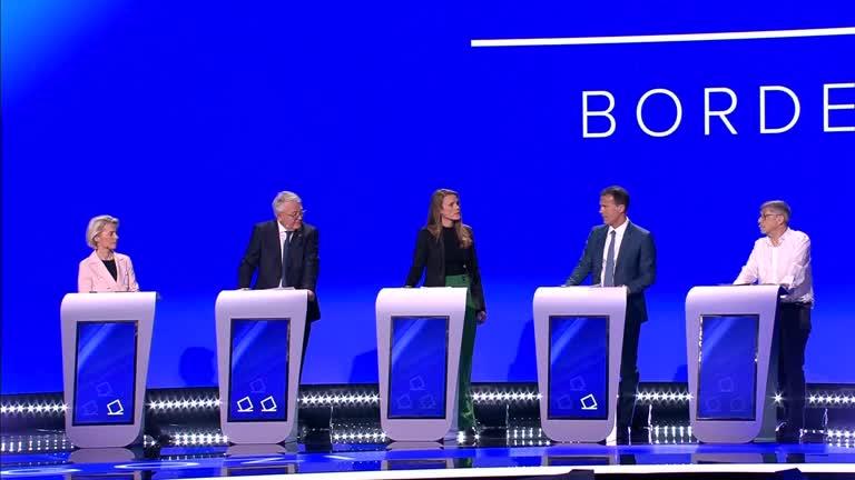 Left to right: President of the European Commission Ursula von der Leyen, Nicolas Schmit, Party of European Socialists, Terry Reintke, European Greens, Sandro Gozi, Renew Europe Now, Walter Baier, European Left. Lead candidates for European Commission presidency face off in live debate on May 23, 2024 in Brussels, Belgium. (Screenshot via Epoch Times, Reuters)