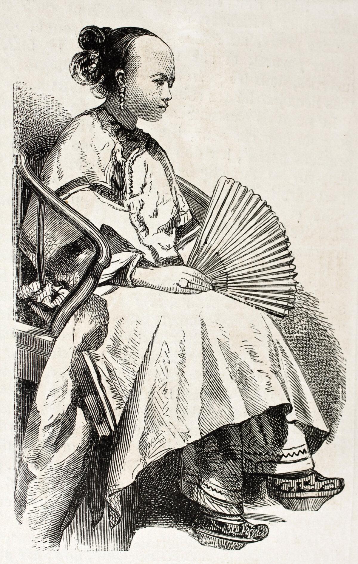 Engraving of a young Chinese woman wearing lotus shoes, 1860. (Marzolino/Shutterstock)