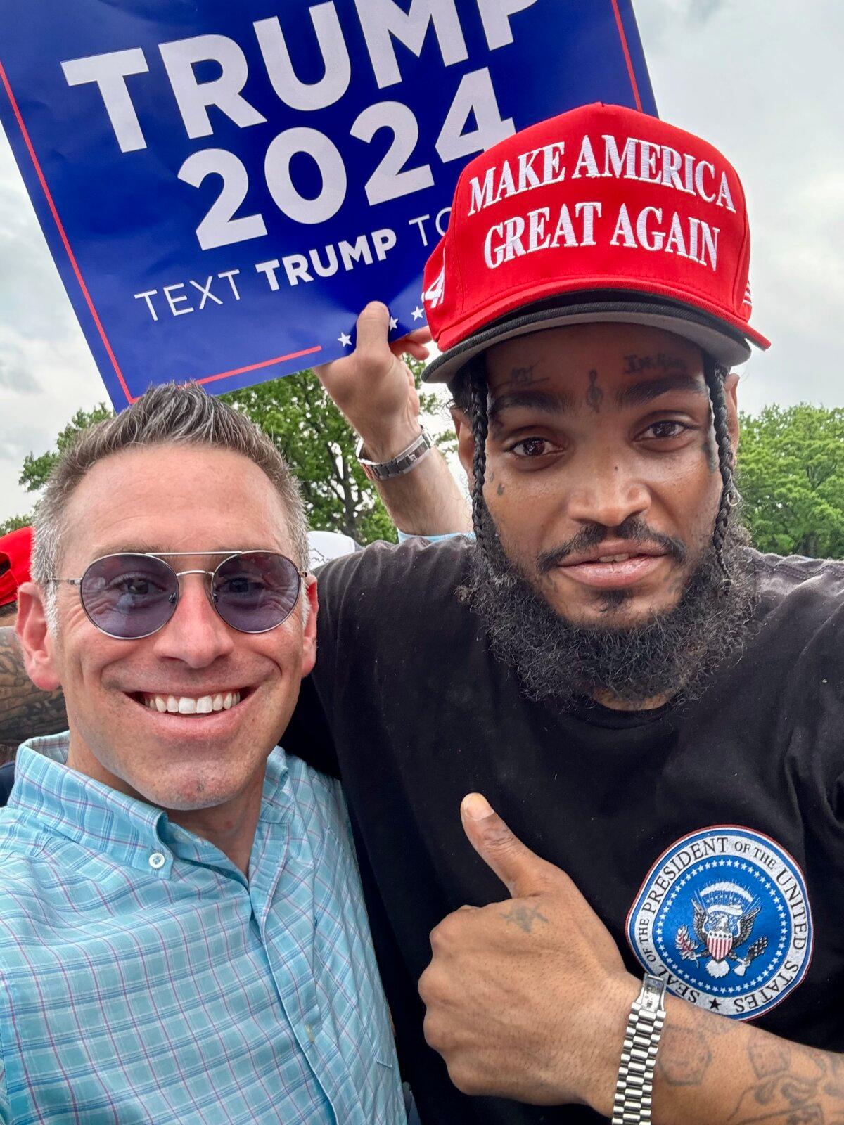 Trump’s Bronx Rally Sparked Voter Registration Amid Rap Music 3 Jason Meister, a New York Trump advisory board member, met David Crowell, a fellow supporter of former President Donald Trump, at a rally in Crotona Park, South Bronx, New York, on May 23, 2024. (Courtesy of Jason Meister)