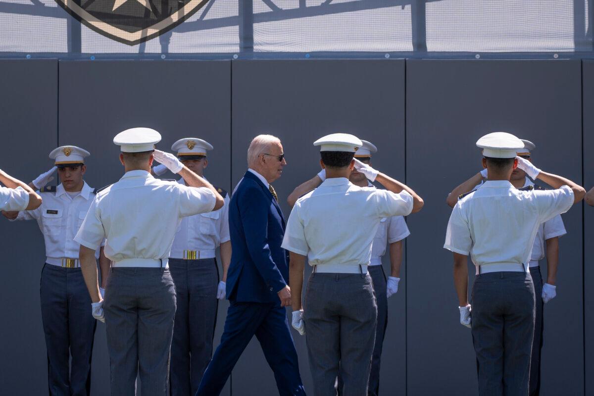 President Joe Biden arrives at the 2024 Graduation and Commissioning Ceremony on the Michie Stadium at the U.S. Military Academy in West Point, N.Y., on May 25, 2024. (Madalina Vasiliu/The Epoch Times)